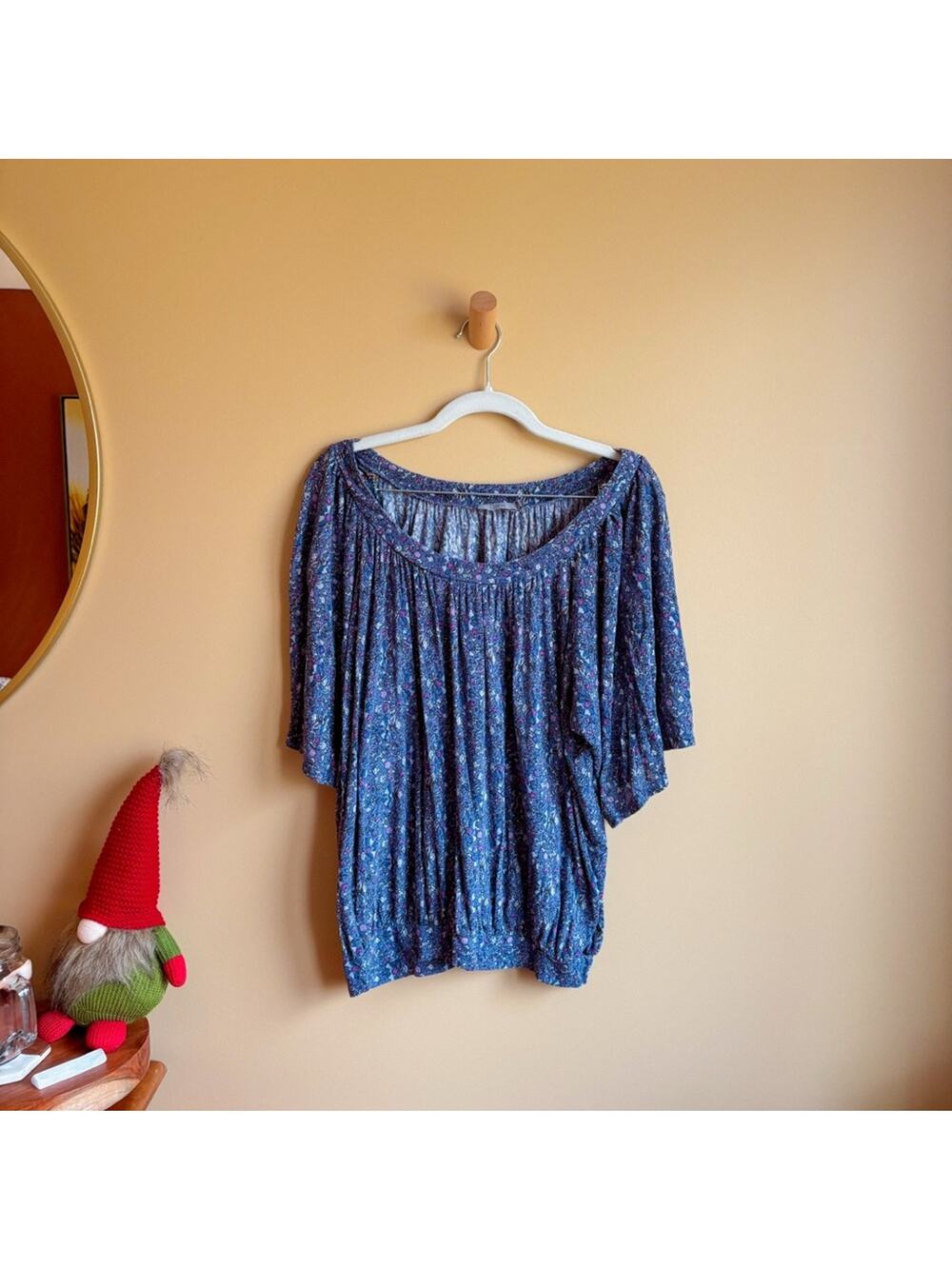 Dalia Blue Floral Cinched Flowy Blouse Lightweight Size Large